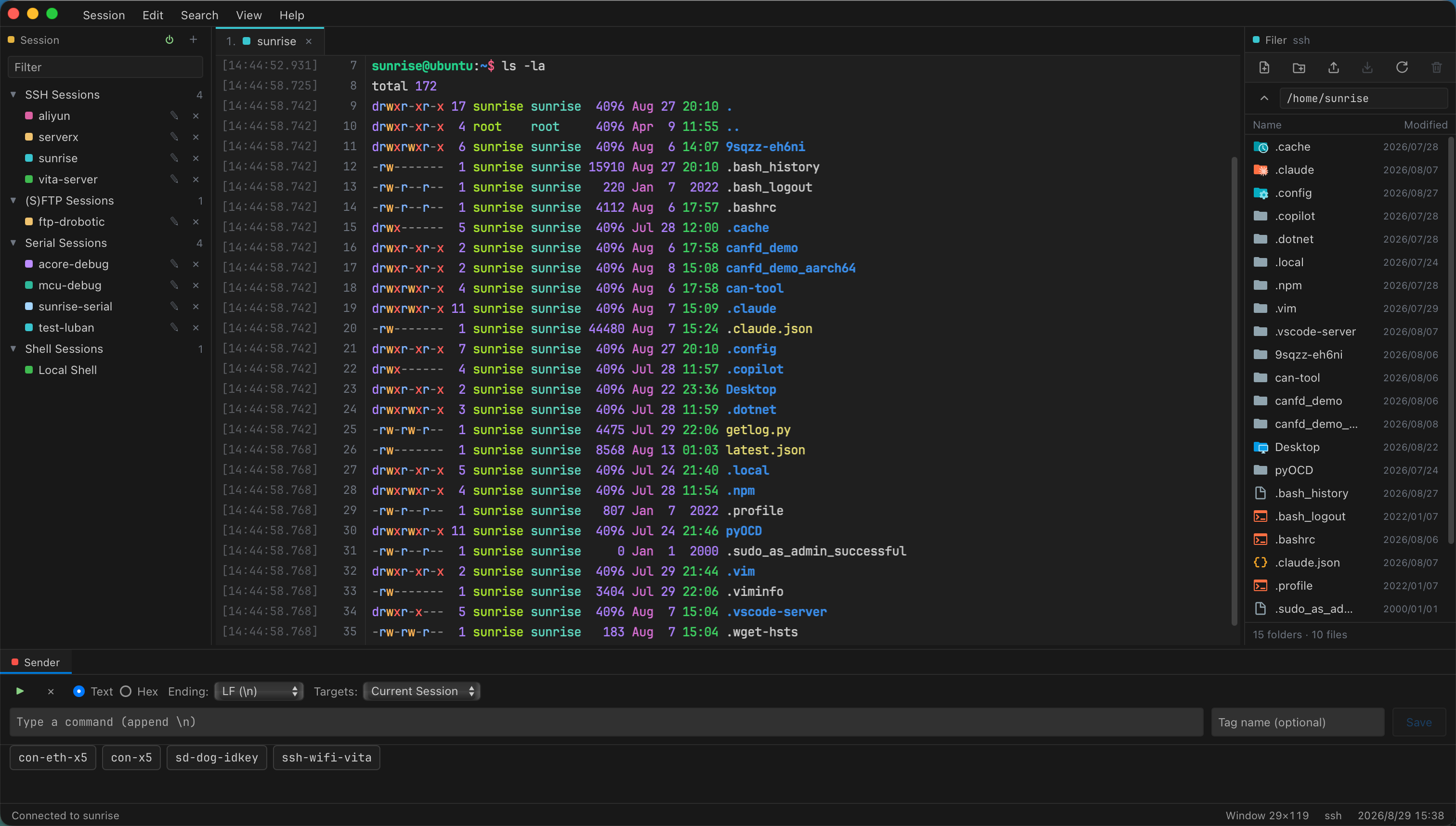 EdgeTerm dark theme: Session panel, SSH terminal with timestamp gutter, Filer and Sender
