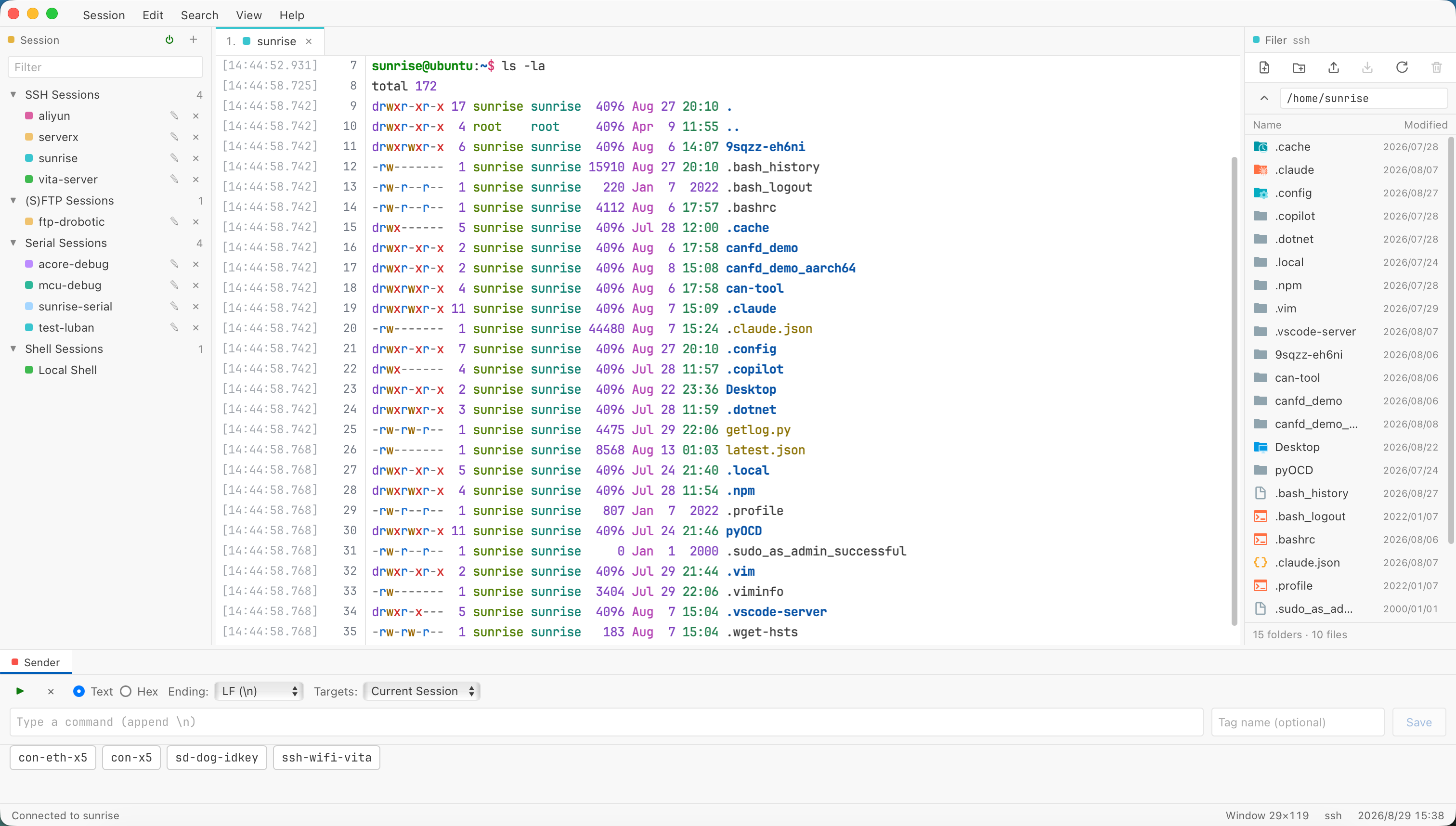 EdgeTerm light theme: Session panel, SSH terminal with timestamp gutter, Filer and Sender